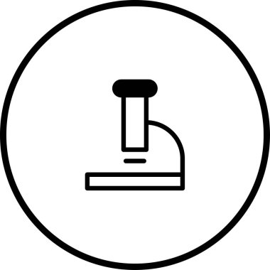 Bir mikroskobun minimalist siyah beyaz simgesi, bir daire şeklinde kapsanmış, dijital ortamda bilim, araştırma ve eğitimi sembolize etmek için idealdir..