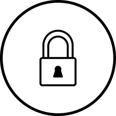 Çember içinde kapalı bir asma kilidi tasvir eden basit ve modern bir siyah beyaz güvenlik simgesi, veri koruması, mahremiyet ve çevrimiçi güvenliği temsil ediyor..