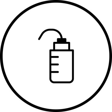 Genellikle laboratuarlarda kullanılan ve dairesel bir çerçeveye iliştirilmiş minimalist çizgili bir şişe çizimi. Tasarım basit, temiz ve bir simge veya sembol olarak kullanmak için uygundur..