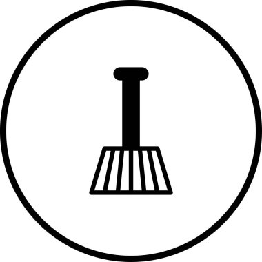 Süpürgeyi tasvir eden, temizlik veya ev işi hizmetlerini sembolize etmek için ideal bir minimalist siyah beyaz simge.