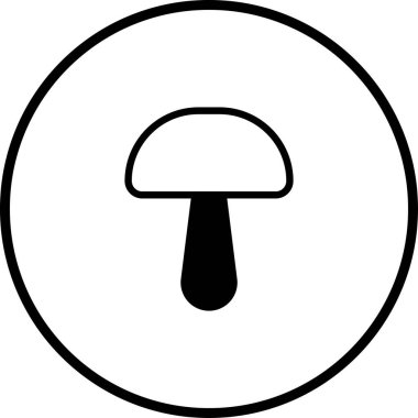 Dairesel çerçevede mantar ikonu tasvir eden minimalist siyah beyaz vektör grafiği. Basit tasarım, çeşitli uygulamalar için uygun berraklık ve tanınabilirliğe odaklanır..