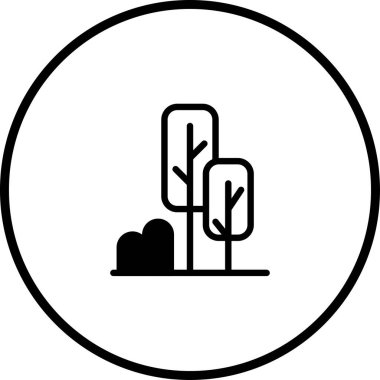 Bir minimalist ağaç simgesinde iki stilize ağaç ve bir çalı bulunur. Bu temiz grafik, doğayı temsil eden bir daire şeklinde çerçevelenmiştir..