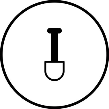 Çemberin içinde sergilenen siyah beyaz bir kürek simgesi. Tasarım minimalist ve bahçe, inşaat ve tarım için uygundur..
