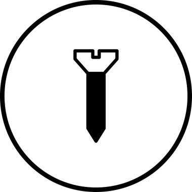 Dairesel çerçeve içindeki bir tornavida sembolünün, teknik çizimler veya grafik tasarım projelerinde kullanılmak üzere basit bir siyah beyaz çizimi.