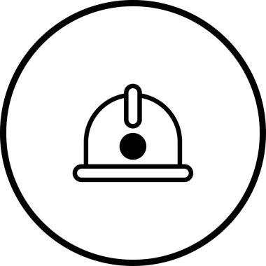 Bir inşaat işçisinin kaskının basit bir vektör ikonu, güvenlik ve endüstriyi simgeliyor. Miğfer dairesel bir çerçevenin içinde..