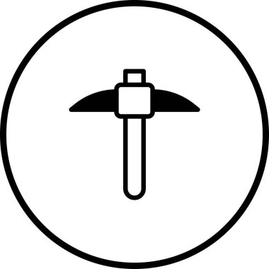 Siyah beyaz basit bir kazma ikonu, bir dairenin içinde. Madencilik, inşaat veya ilgili sanayi faaliyetlerini temsil eder.