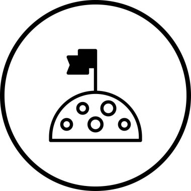 Ay 'a inişi tasvir eden minimalist siyah beyaz bir simge. Küçük bir bayrak kraterli bir ay yüzeyine dikilir, ince ve yuvarlak bir sınırla çevrilidir..