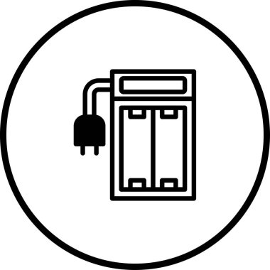 Elektrik veya elektronik cihazları temsil etmek için ideal bir pil şarj cihazının basit siyah beyaz çizimi.