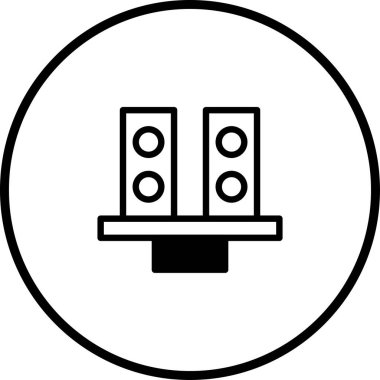 Rafta ses hoparlörleri bulunan basit, minimalist siyah beyaz bir simge. Tasarım temiz, modern ve çeşitli dijital ortama uygundur..