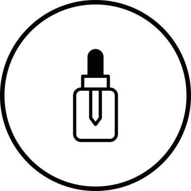 Düşüren şişenin daire içindeki minimalist vektör çizimi. Sağlık, kozmetik veya petrolle ilgili temel tasarımlar için ideal.