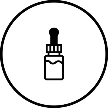 Düşüren şişe ikonunun minimalist vektör çizimi. Tıbbi, kozmetik ve sağlık hizmetleriyle ilgili tasarımlarda kullanılmak için mükemmel. Beyaz bir arkaplan üzerindeki siyah çizgiler bir çemberin içinde.