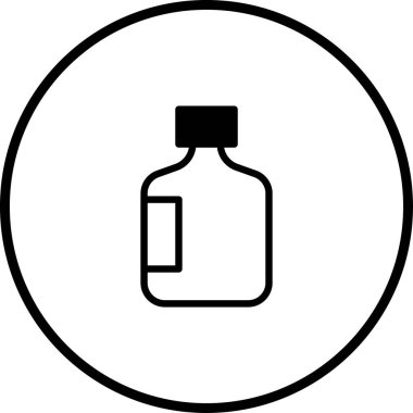 Bir ilaç şişesinin minimalist siyah beyaz simgesi. Tıbbi ve sağlık tasarımları için mükemmel, bu vektör grafiği basit, temiz ve modern bir görünüm sunuyor.