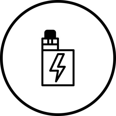 Elektronik bir sigara tasvir eden minimalist bir vektör ikonu, bir yıldırımla, dairesel bir çerçeveye sarılmış, güç ya da şarj etmeyi öneriyor..