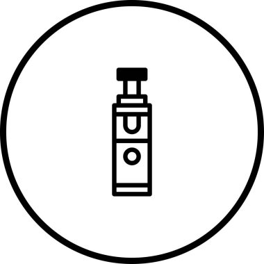 Dairesel çerçevenin içinde merkezi siyah beyaz bir kalem veya elektronik sigara olan minimalist bir vektör çizimi.