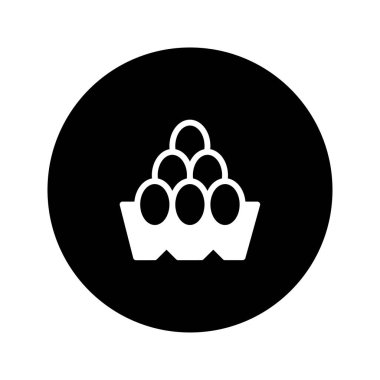 Kartondaki yumurtaların minimalist çizimi siyah dairesel arka planda. Kahvaltıyı ya da yemek hazırlığını temiz çizgilerle temsil eder.