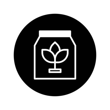 Doğal çiftçiliği, organik tarımı ve sürdürülebilir uygulamaları destekleyen yapraklarla bir gübre poşeti ikonu sergileniyor. Çevre bakımına odaklanmayı temsil eder..