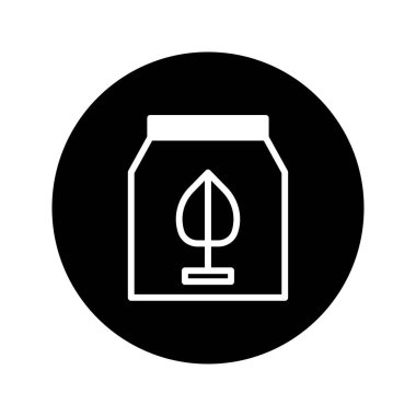 Minimalist bir vektör illüstrasyonunda torba içinde bir bitki veya yaprak görülüyor. Bu grafik basit ve modern bir tasarımda organik ürünleri, sürdürülebilirliği veya çevresel farkındalığı temsil edebilir..