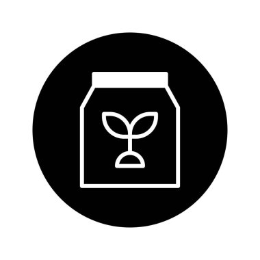 Filiz sembollü tohum paketi ikonu içeren minimalist bir illüstrasyon, siyah dairesel bir arkaplan üzerine kurulmuş. Tarımsal veya organik temalar için ideal.
