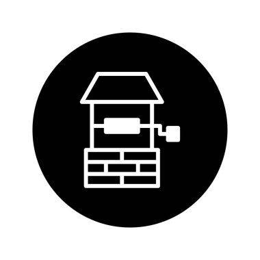 Su kaynaklarını, kırsal cazibeyi ya da tasarım projelerindeki tarihi unsurları temsil etmek için ideal bir kuyunun minimalist siyah beyaz çizimi.