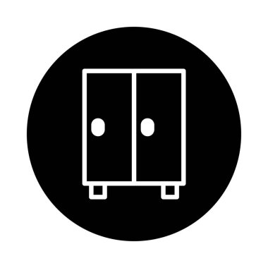 Bir gardırobun minimalist bir simgesi dairesel şekildeki siyah bir arkaplana karşıdır. Resimde temiz ve modern bir tasarım yer alıyor..