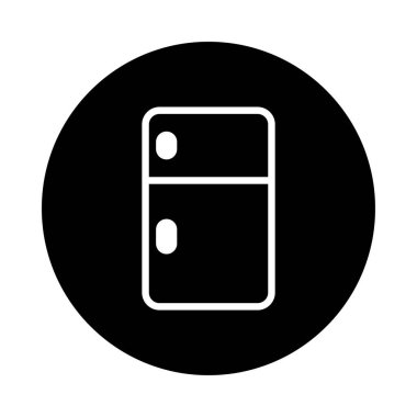 Buzdolabı ikonunun minimalist bir temsili. Modern mutfak ve cihazlar için tasarlanmış dairesel siyah bir arkaplanda sergilendi.