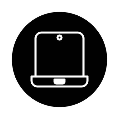 Karanlık dairesel arkaplan içindeki tabletin temiz, minimalist bir vektör grafiği. Modern iletişim, teknoloji ve taşınabilir dijital erişimi sembolize eder..