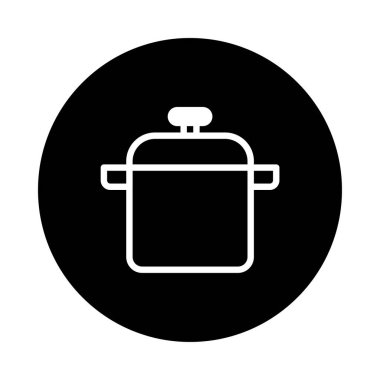 Siyah bir çemberin ortasında beyaz tencere silueti olan minimalist bir ikon. Aşçılık sanatını temsil eden tasarım temiz, modern ve çeşitli uygulamalar için uygundur..