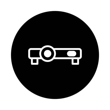 Bir projektörün yer aldığı minimalist bir simge, katıksız siyah bir arkaplan üzerine kurulmuş. Teknoloji, sunumlar ve görsel medya kavramları için ideal.