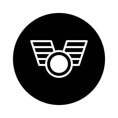 Bir minimalist amblem tasarımı, merkezi dairesel bir elemente sahip simetrik kanatlara sahiptir, katıksız siyah dairesel bir arkaplan üzerine kurulmuştur. Modern markalaşma için ideal.