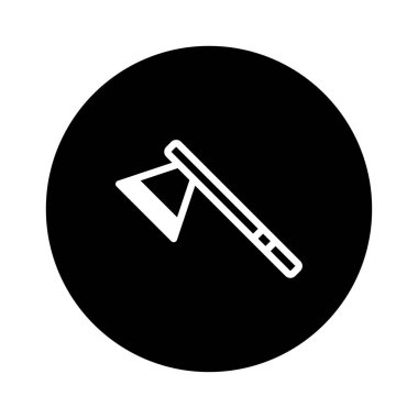 Bir balta simgesinin minimalist bir illüstrasyonu, siyah dairesel bir arkaplana karşı beyaz bir özet içeriyor. Resim, çeşitli tasarım amaçları için basitlik ve berraklığı iletir.