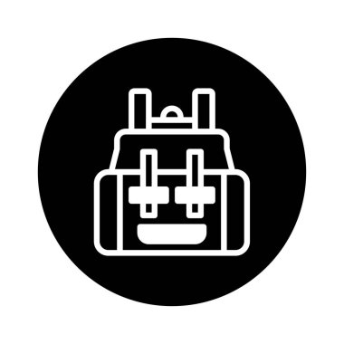 Saf siyah bir çembere karşı kurulmuş bir sırt çantası ikonunun temiz ve minimalist bir çizimi. Bu seyahat ve açık hava macerası için mükemmel..