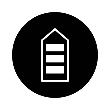 Bu vektör grafiği, modern mimariyi ve şehir gelişimini temiz ve basit bir tasarım ile temsil eden siyah bir daire içinde kapsüllenmiş minimalist bir yapı ikonu sunar..