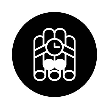 Bir vektör çizimi, dinamit çubukları ve çalışan bir saatli bomba tasvir ediyor. Tehlike, aciliyet ve yakın zamanda gerçekleşecek bir patlama tehdidini simgeler..