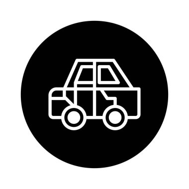 Temiz ve basit bir beyaz araba simgesi, siyah bir çemberin karşısına kurulur. Bu grafik seyahat, otomotiv hizmetleri veya ulaşım için mükemmeldir..