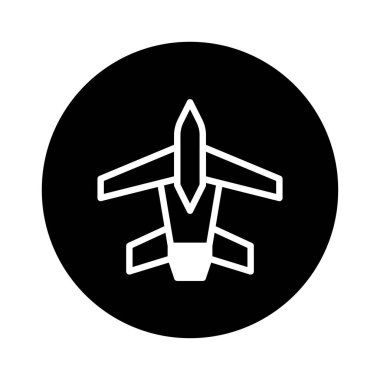 Görüntü, siyah dairesel arkaplan üzerine kurulmuş beyaz bir uçak simgesini içeriyor. Basit ama modern, havacılık, seyahat veya teknoloji ile ilgili projeler için ideal..