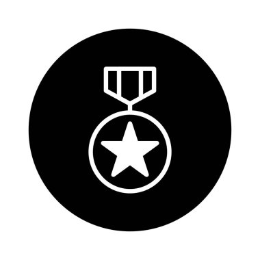 Bir minimalist çizgi sanat ikonu, siyah bir arkaplan üzerine kurulmuş, onur, başarı ve vektör stilinde tanınmayı sembolize eden bir askeri ödül madalyası sergiliyor.