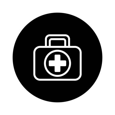 Siyah bir çemberin içindeki ilk yardım çantasının basit tasarımı. Kritik durumlarda gerekli yardımı sağlayarak, acil durum, sağlık ve tıbbi bakım sembolü.