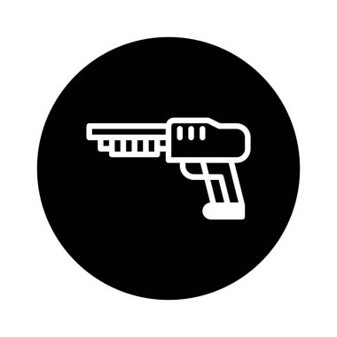 Siyah daireye karşı minimalist bir beyaz silah ikonu. Grafik tasarımlarında güvenliği veya modern teknolojiyi temsil etmek için mükemmel..