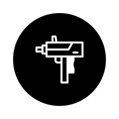 Saf siyah bir çember içinde minimalist beyaz bir makineli tüfek çizgisi. Tasarım temiz ve basit, simgeler, logolar veya grafik elementler için uygun.