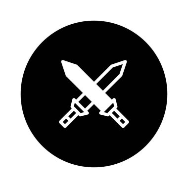Basit bir illüstrasyonda iki çapraz kılıç tasvir edilir, savaşı, gücü ve askeri savunmayı simgeler siyah bir daire içinde. Logolar veya simgeler için ideal.