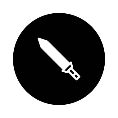 Siyah bir çemberin üzerindeki beyaz kılıç simgesinin minimalist bir çizimi, fantezi ya da macera teması için mükemmel..