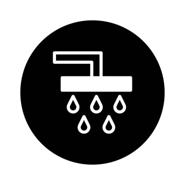 Siyah bir çemberde minimalist bir duş ikonu, hijyeni ve temizliğin önemini temsil ediyor, kişisel bakım rutinleri için bir tasarım unsurunu gösteriyor..