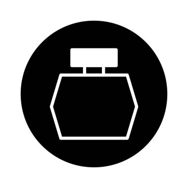 Minimalist bir parfüm şişesi simgesi, siyah dairesel bir arkaplan karşısında parlak, geometrik bir tasarım sunar. Güzellik, moda ve markalaşma uygulamaları için ideal.