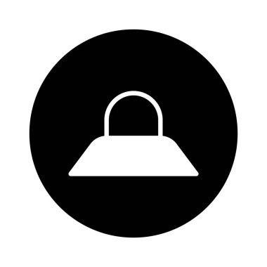 Minimalist bir vektör illüstrasyonu bir el çantası simgesi gösterir. Simge siyah dairesel bir arkaplana karşı beyazdır, moda ve basit bir tasarım duygusu taşır.