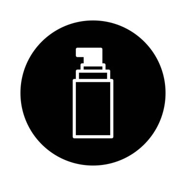 Minimalist tasarım, beyaz arka planda izole edilmiş siyah bir çemberin içinde pompalı bir kozmetik ürün şişesi gösteriyor. Bu sağlık ve güzellik ürünlerini temsil ediyor.