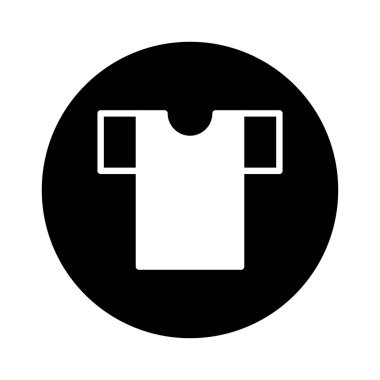 Temiz ve minimalist bir simge. Siyah bir çemberin içinde beyaz bir tişört silueti var. Bu çok yönlü grafik giyim mağazalarını, moda markalarını veya çamaşır servislerini temsil etmek için mükemmeldir..