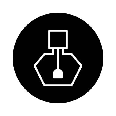 Oje şişesi ve fırçanın minimalist bir simgesi, siyah bir çemberin içinde. Güzellik ürünleri, kozmetik ürünleri ve manikür hizmetleri..