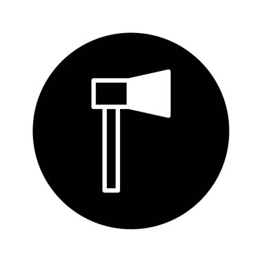 Çember içinde minimalist siyah-beyaz balta simgesi. Kesme ve kesme, açık hava işi ve inşaatı için kullanılan bir aracı resmeder.