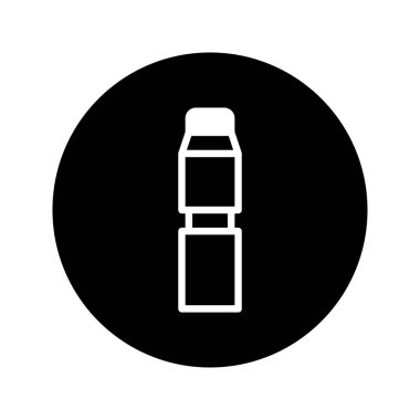 Siyah bir çemberin içinde ruj şeklinde minimalist bir simge çizimi. Güzellik, kozmetik veya moda ile ilgili tasarımlar için ideal.