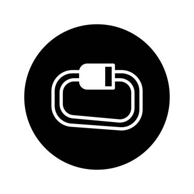 Tırmanan bir karabinayı siyah beyaz tasvir eden minimalist bir ikon, çeşitli açık hava aktiviteleri için güvenlik, güvenlik ve bağlantıyı sembolize ediyor.